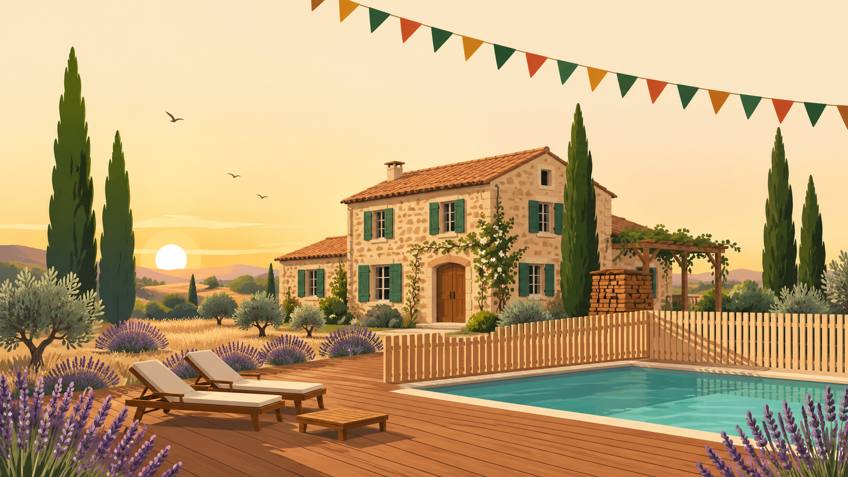Mas provençal avec terrasse en bois, piscine et brise-vue